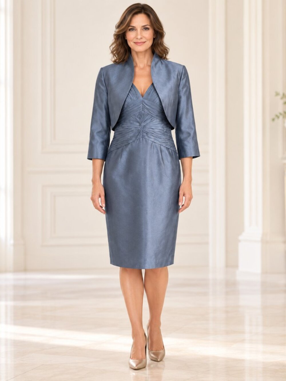 Adrianna Papell Silk Dress Jacket Set 12 Blue Gray Mother of Bride Formal